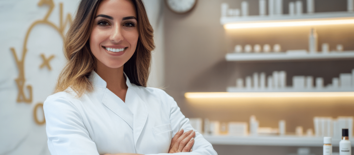 Skin care expert standing in front of medical - grade skincare